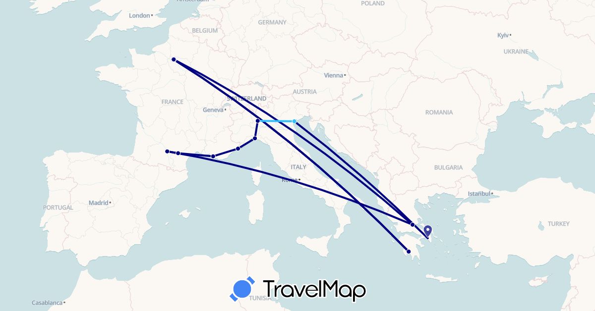 TravelMap itinerary: driving, boat in France, Greece, Italy (Europe)